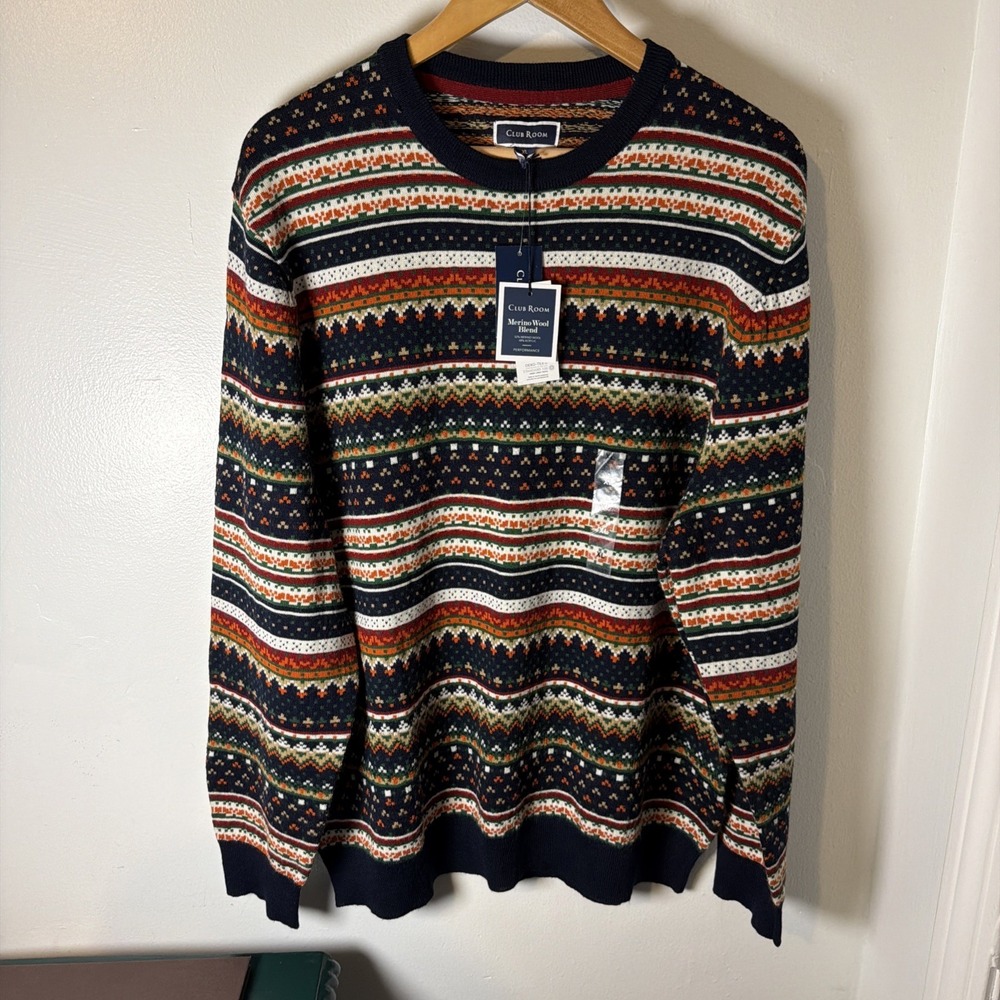NWT Charter Club Fair Isle Merino Wool Men's Crewneck Sweater Sz XL Quiet Luxury